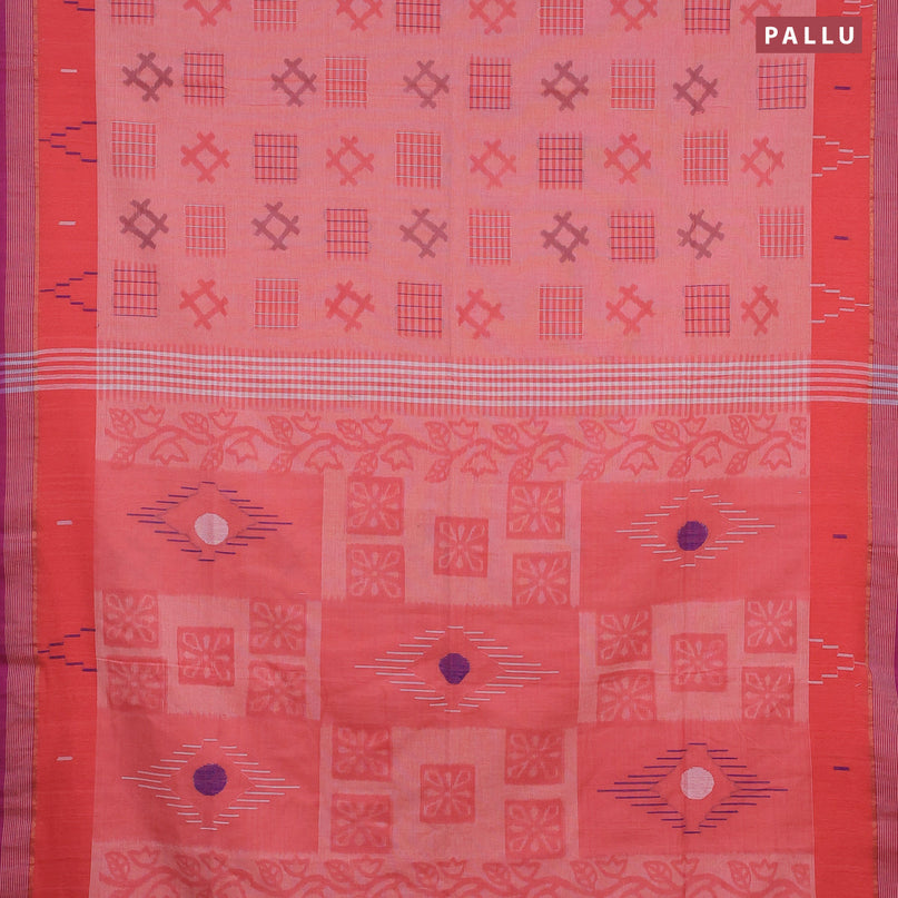 Bengal soft cotton saree peach pink and purple with ikat butta weaves and ikat woven border