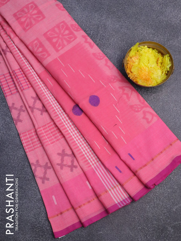 Bengal soft cotton saree light pink with ikat butta weaves and ikat woven border