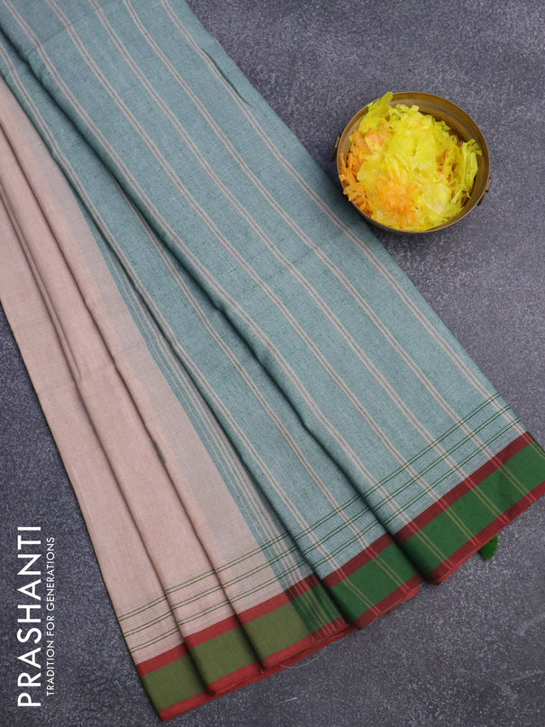Bengal soft cotton saree beige and green with ikat butta weaves and simple border