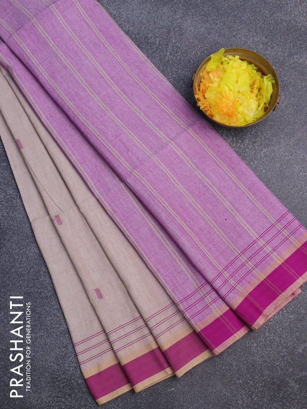 Bengal soft cotton saree beige and purple with ikat butta weaves and simple border