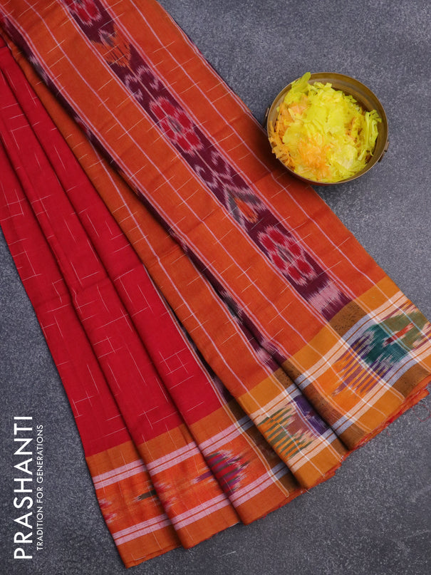 Bengal soft cotton saree red and orange with allover thread weaves and ikat woven border