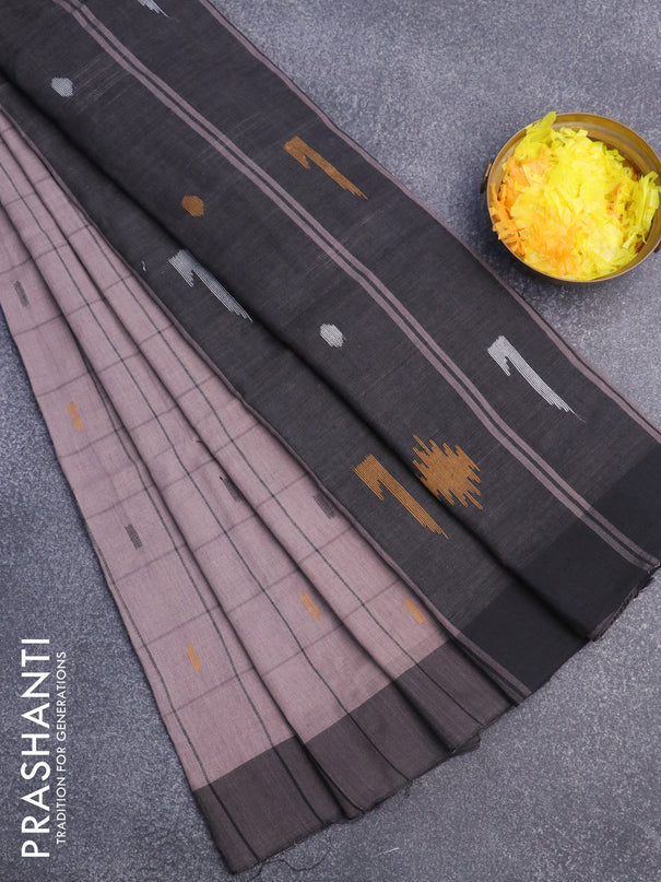 Bengal soft cotton saree grey shade and black with allover checked pattern & buttas and simple border