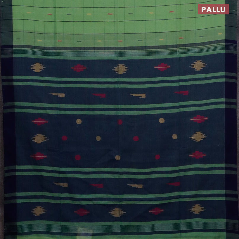 Bengal soft cotton saree light green and blue with allover checked pattern & buttas and simple border