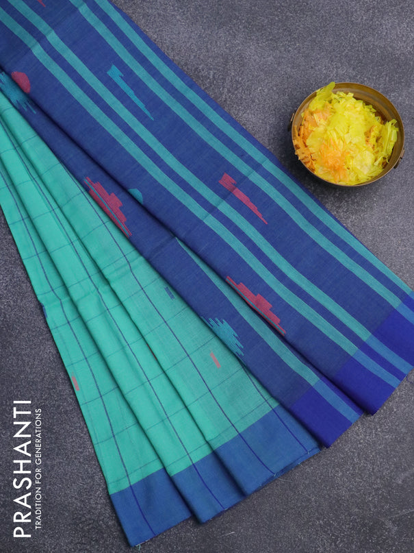 Bengal soft cotton saree teal blue and blue with allover checked pattern & buttas and simple border
