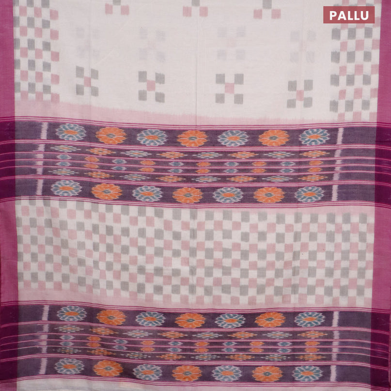 Bengal soft cotton saree off white and purple with ikat butta weaves and simple border