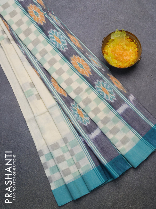 Bengal soft cotton saree cream and teal green with ikat butta weaves and simple border