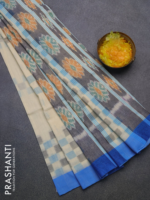 Bengal soft cotton saree cream and cs blue with ikat butta weaves and simple border