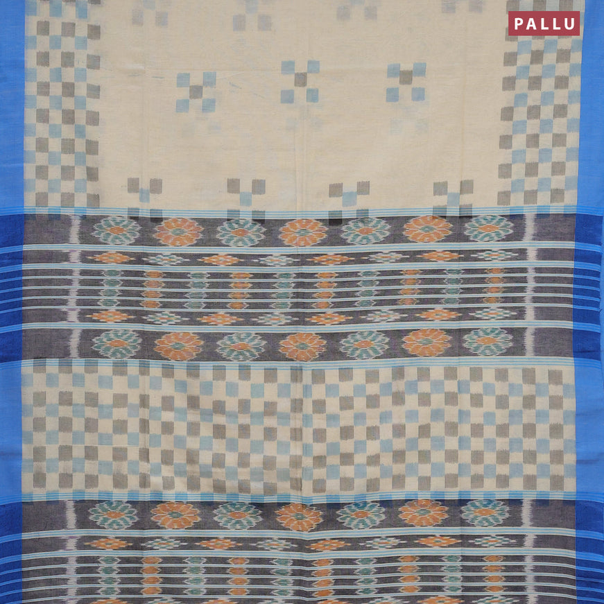 Bengal soft cotton saree cream and cs blue with ikat butta weaves and simple border