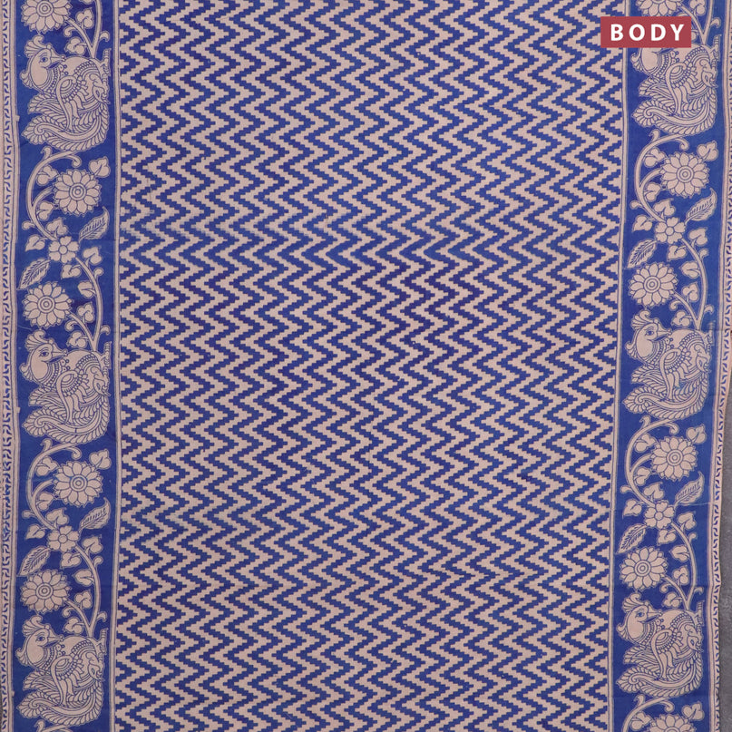 Kalamkari cotton saree beige and blue with zig zag prints and printed border