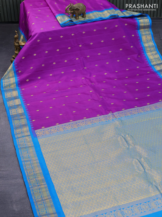 Pure gadwal silk saree deep purple and cs blue with zari woven buttas and temple design zari woven border