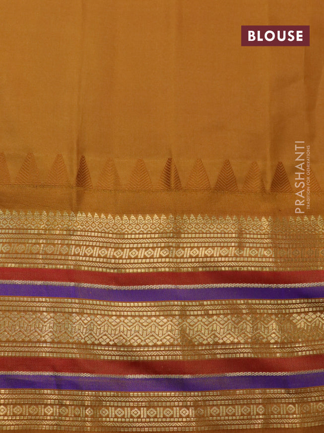 Pure gadwal silk saree pink and mustard shade with allover stripes pattern and temple design zari woven border