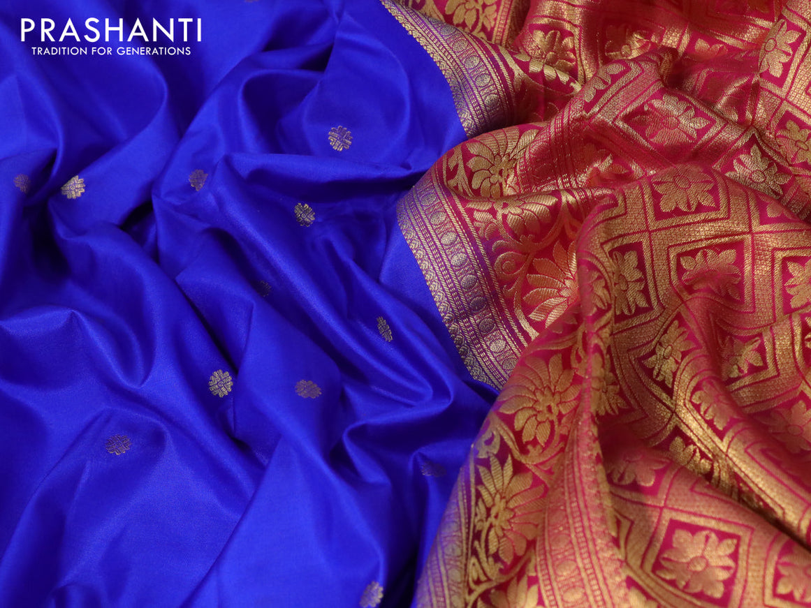 Pure gadwal silk saree blue and dark pink with zari woven buttas and temple design floral zari woven border