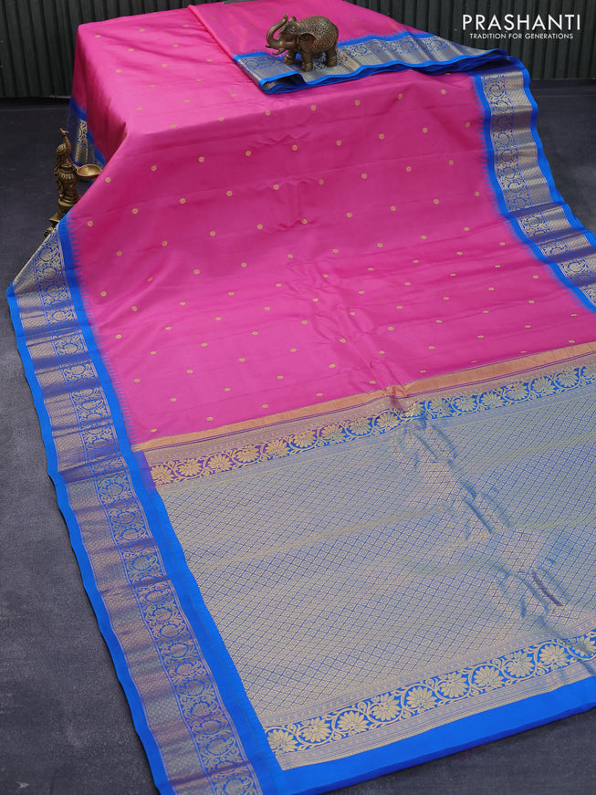 Pure gadwal silk saree pink and cs blue with zari woven buttas and temple design floral zari woven border