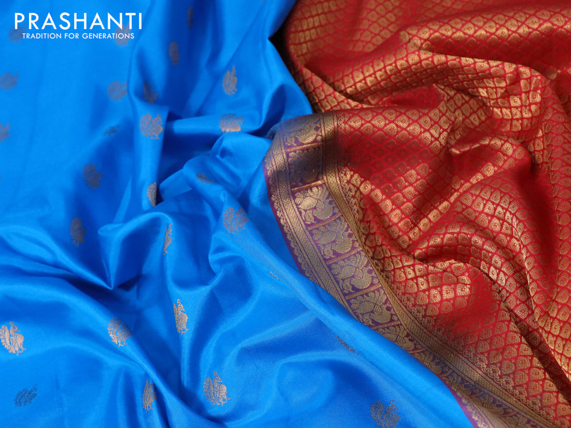 Pure gadwal silk saree cs blue and red with zari woven buttas and temple design zari woven border