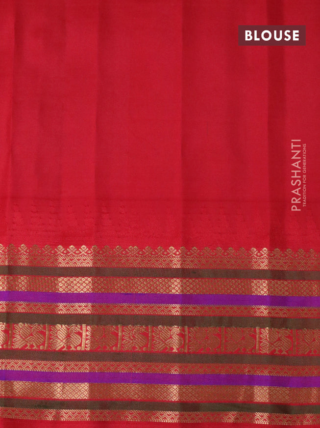 Pure gadwal silk saree cs blue and red with zari woven buttas and temple design zari woven border