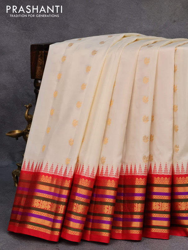 Pure gadwal silk saree cream and red with zari woven buttas and temple design zari woven border