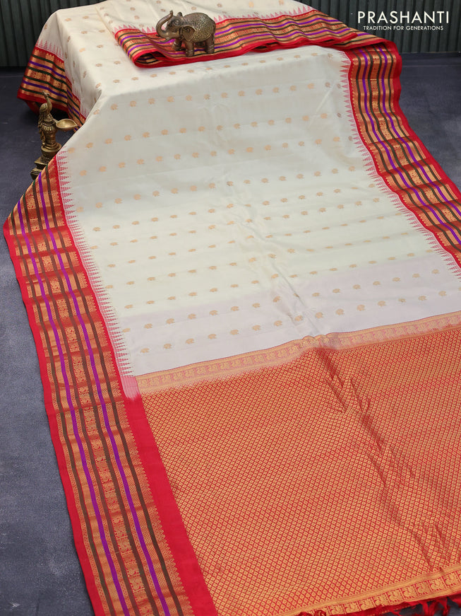 Pure gadwal silk saree cream and red with zari woven buttas and temple design zari woven border