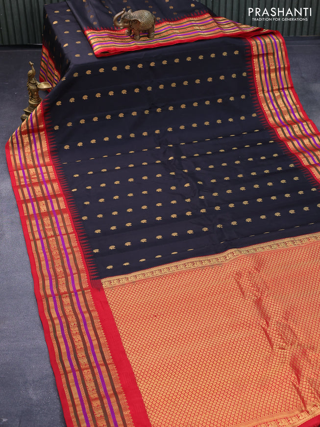 Pure gadwal silk saree black and red with zari woven buttas and temple design zari woven border