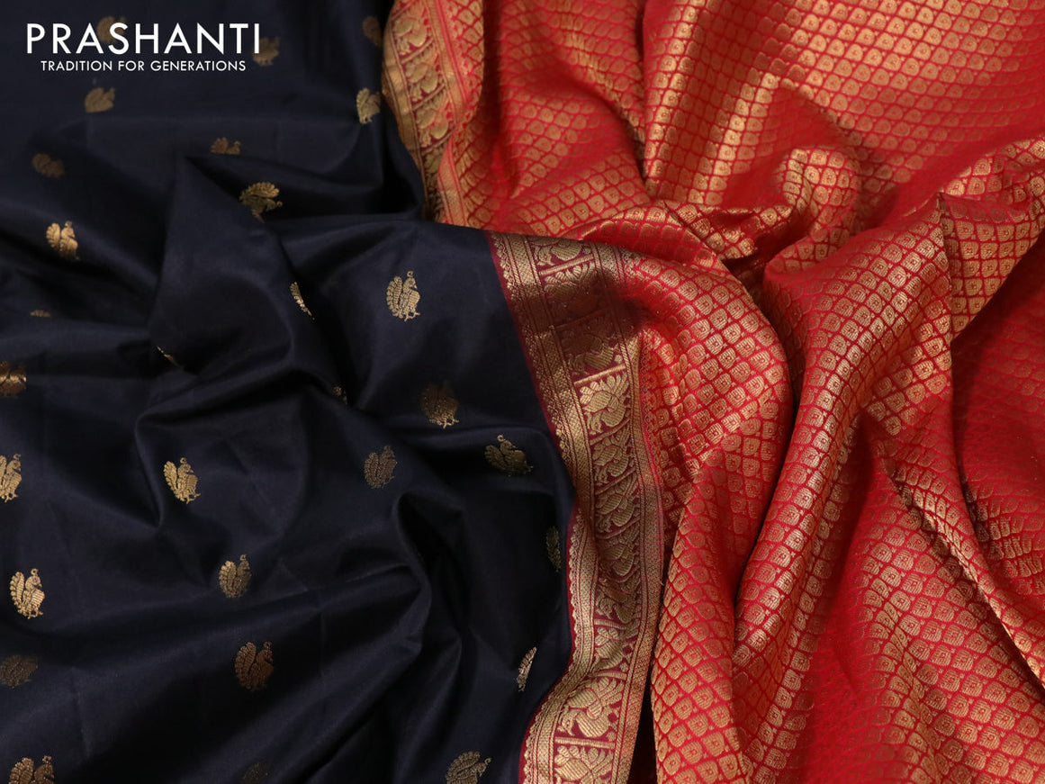 Pure gadwal silk saree black and red with zari woven buttas and temple design zari woven border