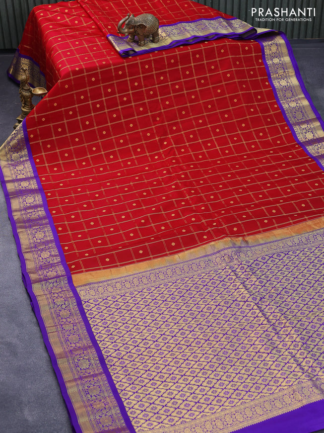 Pure gadwal silk saree red and violet with allover zari checks & buttas and zari woven border