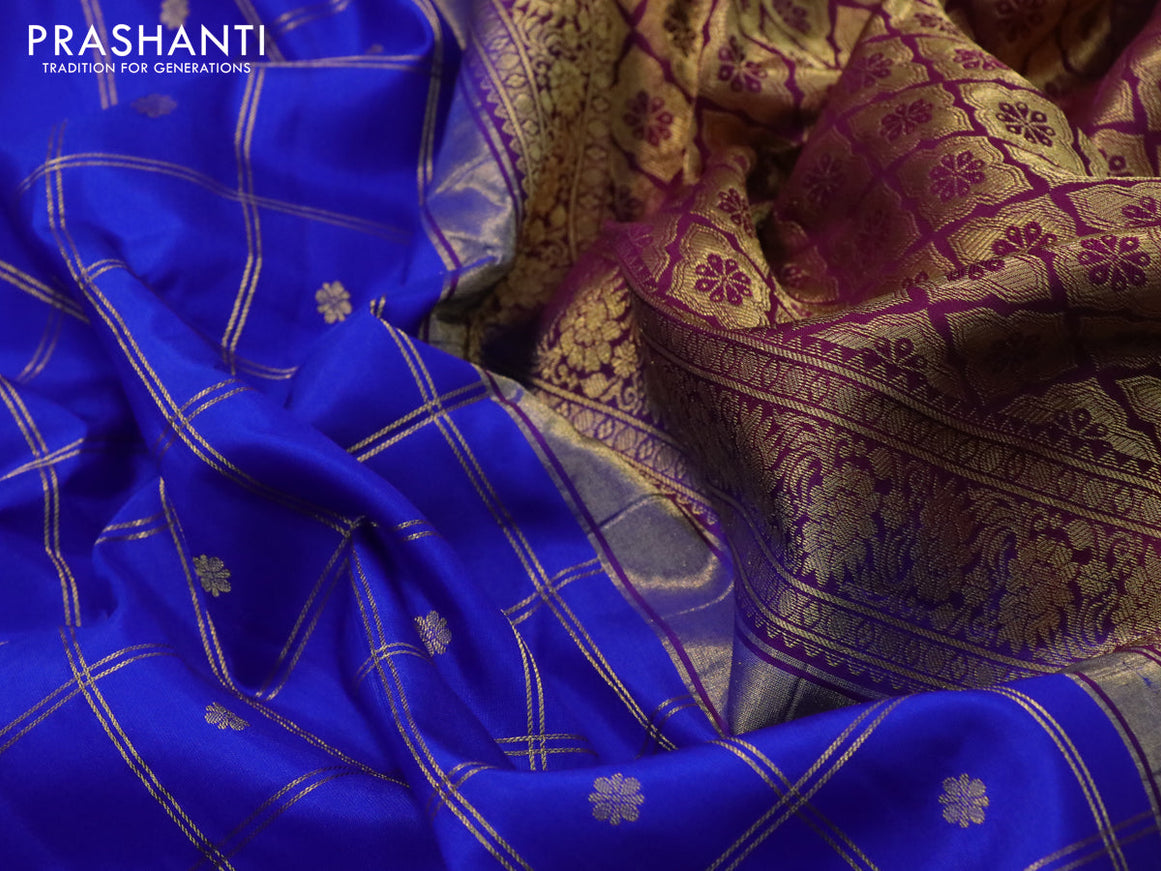 Pure gadwal silk saree blue and deep purple with allover zari checks & buttas and zari woven border