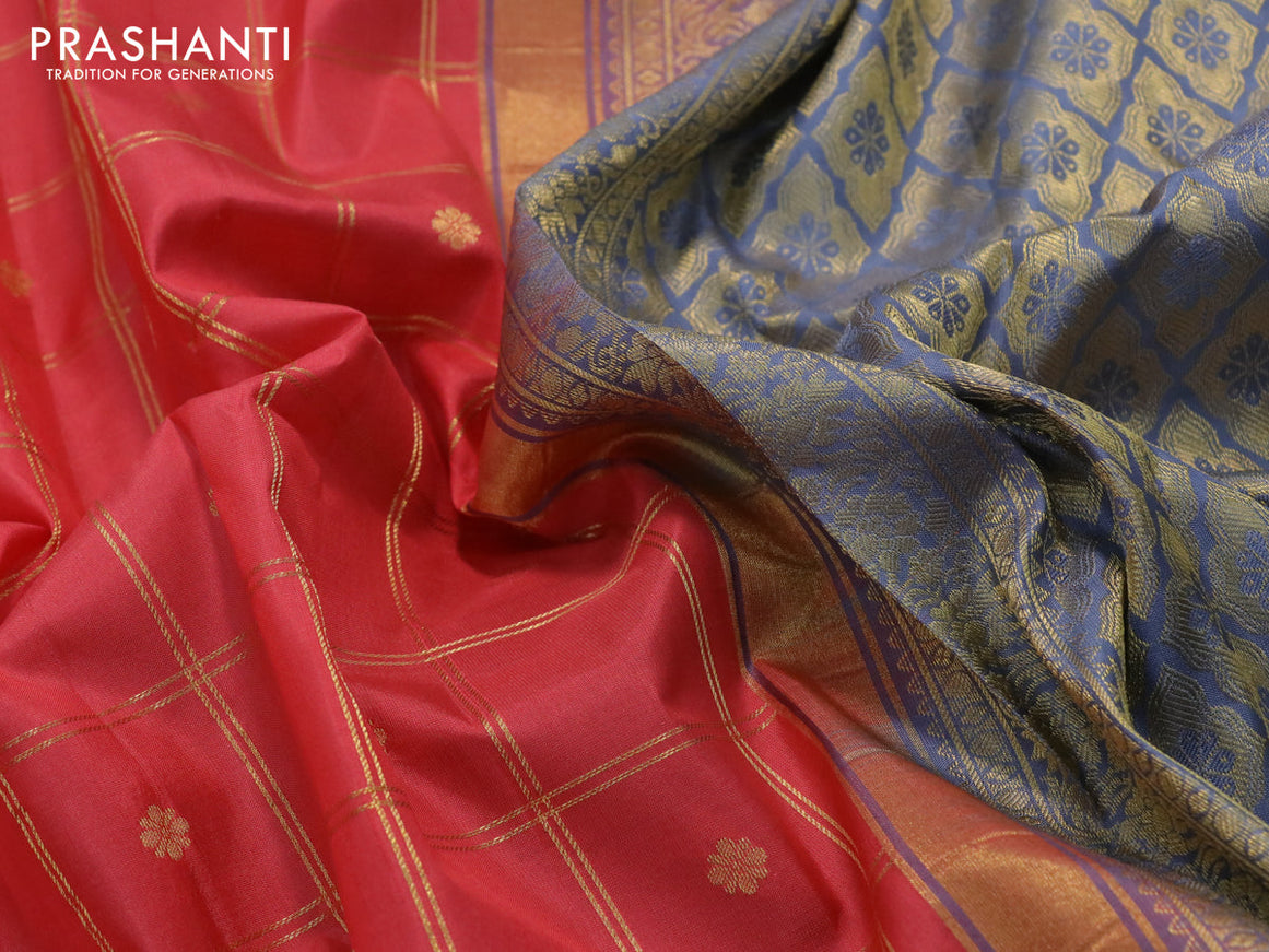 Pure gadwal silk saree peach pink and grey with allover zari checks & buttas and zari woven border