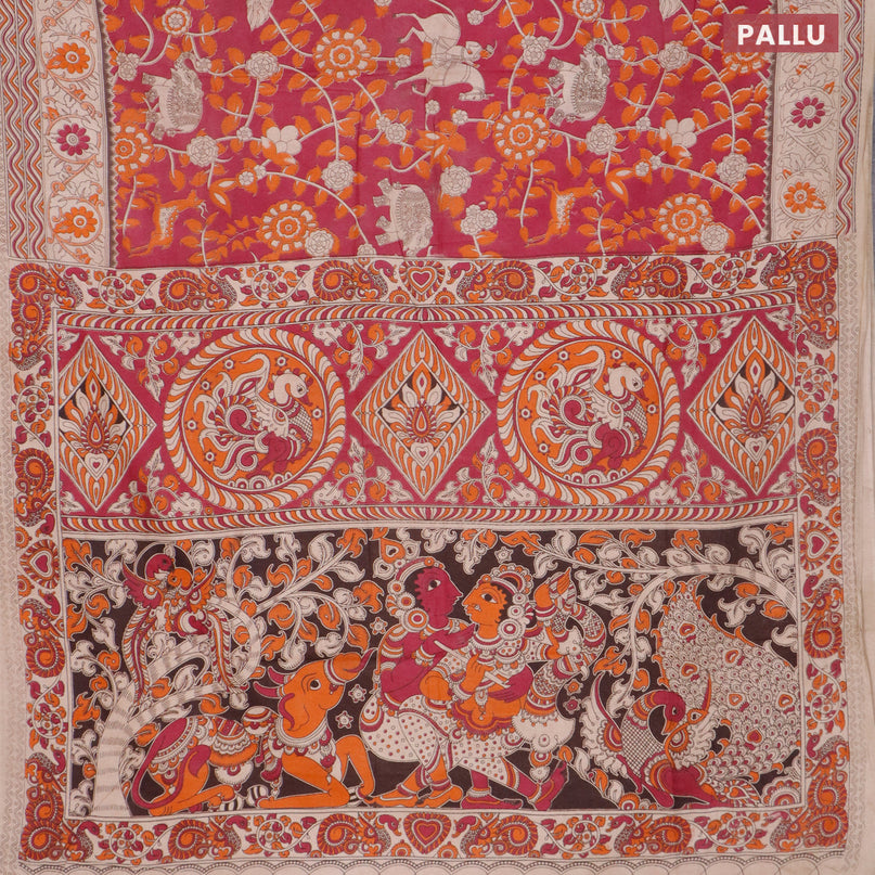 Kalamkari cotton saree magenta pink and beige with allover prints and printed border