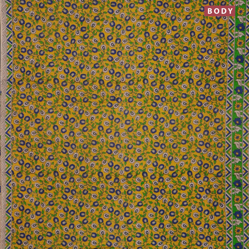 Kalamkari cotton saree yellow and green with allover prints and printed border