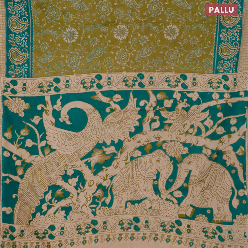 Kalamkari cotton saree mehendi green and teal green with allover prints and printed border