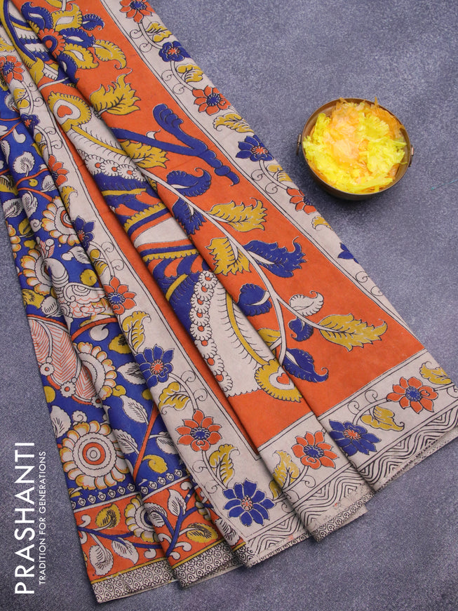 Kalamkari cotton saree blue and orange with allover prints and printed border