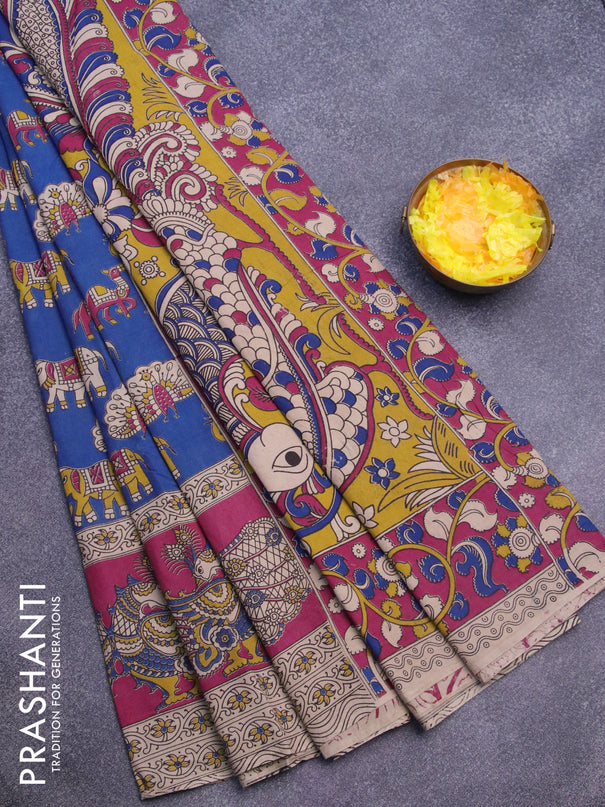 Kalamkari cotton saree blue and magenta pink with butta prints and printed border