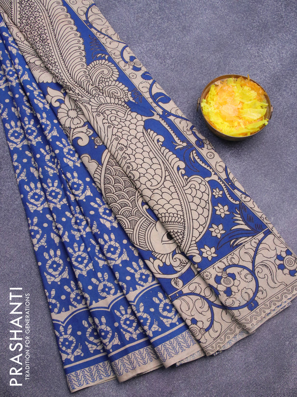 Kalamkari cotton saree blue and beige with allover butta prints and printed border