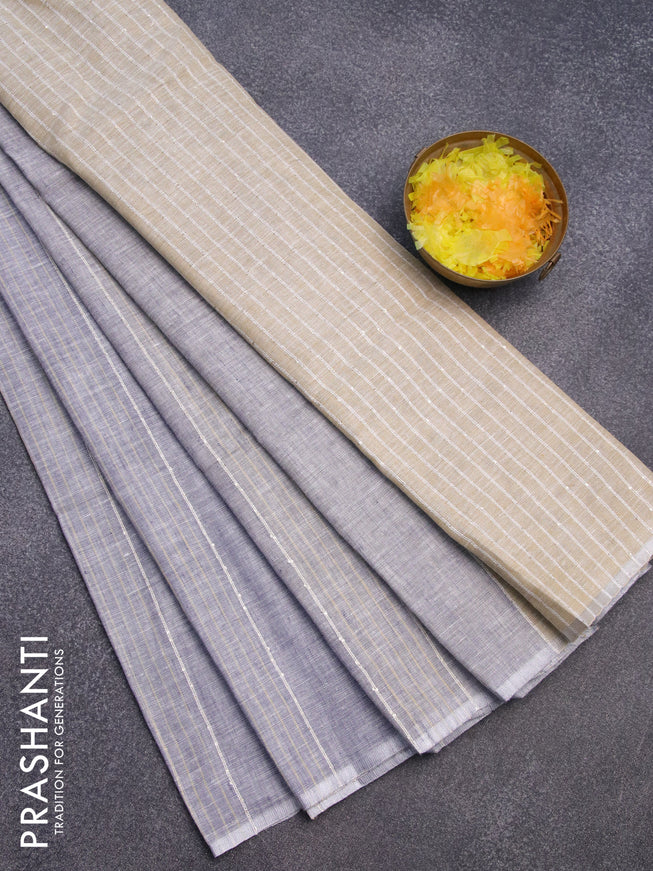 Pure linen saree grey and sandal with stripes pattern and piping border