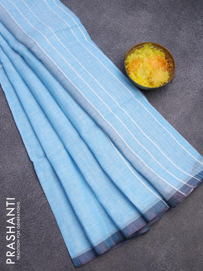 Pure linen saree light blue with plain body and simple border