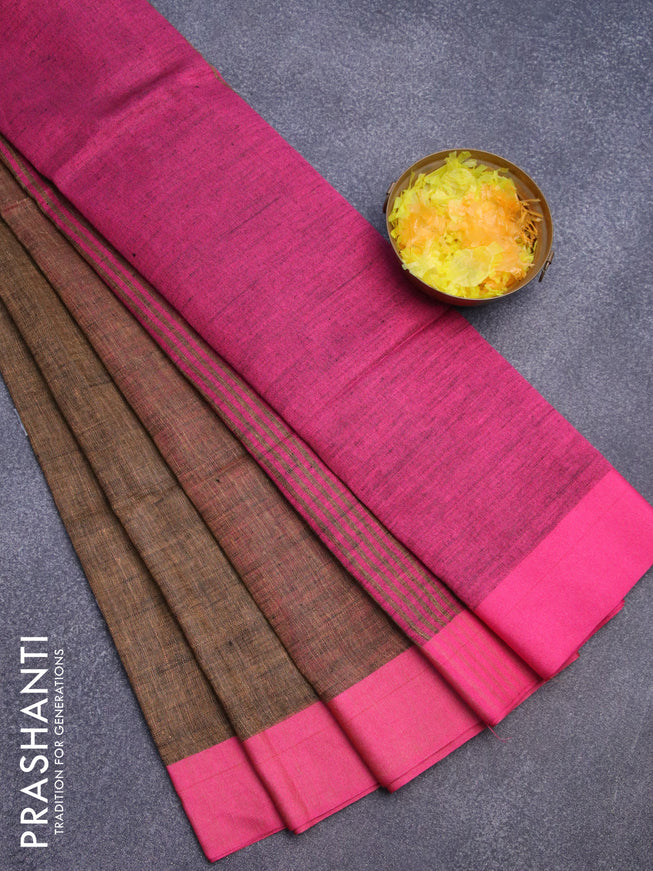 Pure linen saree dark sandal and pink with plain body and simple border