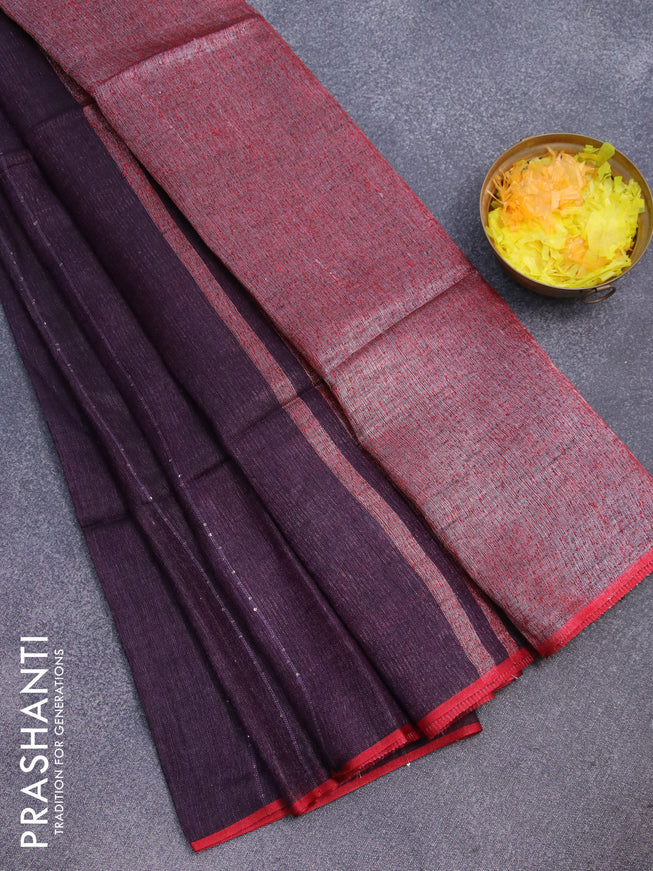 Pure linen saree deep purple and red with allover thread woven sequin work and piping border