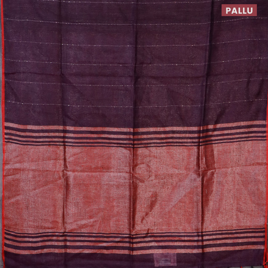 Pure linen saree deep purple and red with allover thread woven sequin work and piping border