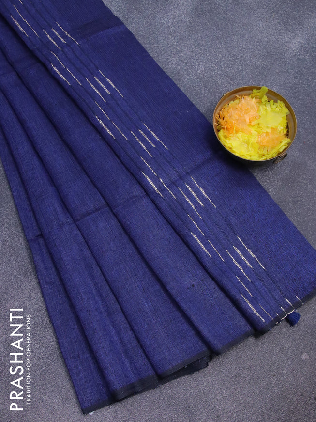 Pure linen saree blue with zari stripe pattern and piping border
