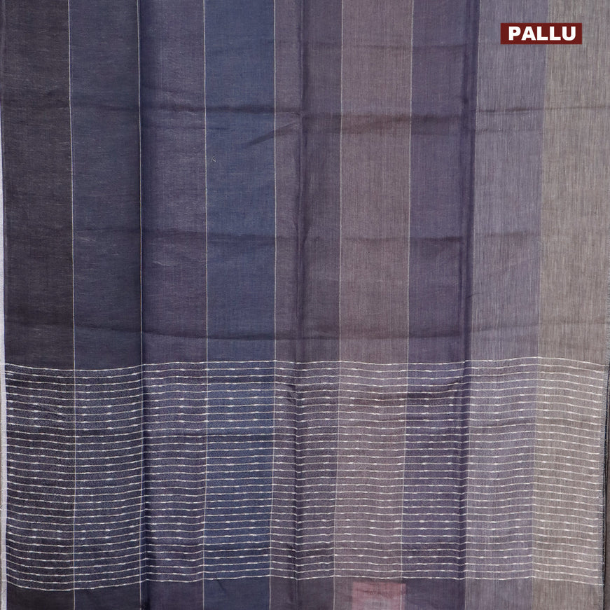Pure linen saree multi colour and grey with allover silver zari stripe weaves and silver zari woven piping border