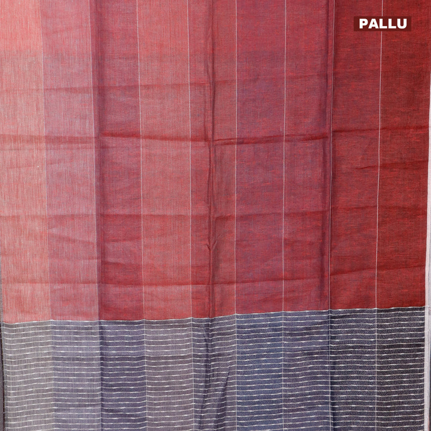 Pure linen saree dual shade of red and grey with allover silver zari stripe weaves and silver zari woven piping border