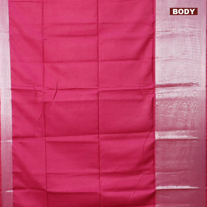 Semi tussar saree magenta pink and mustard yellow with plain body and long silver zari woven border & kalamkari printed blouse