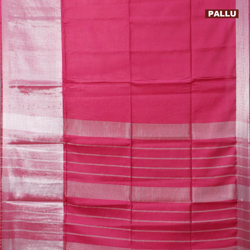 Semi tussar saree magenta pink and mustard yellow with plain body and long silver zari woven border & kalamkari printed blouse