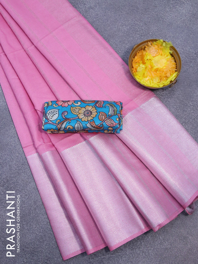Semi tussar saree light pink and teal blue with plain body and long silver zari woven border & kalamkari printed blouse