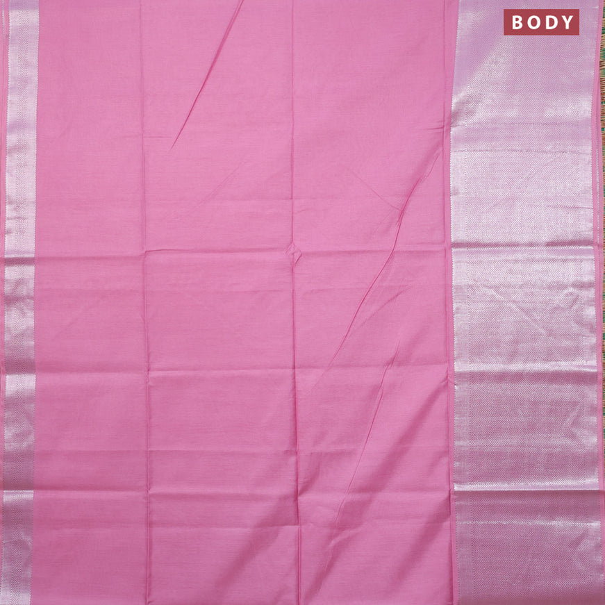 Semi tussar saree light pink and teal blue with plain body and long silver zari woven border & kalamkari printed blouse