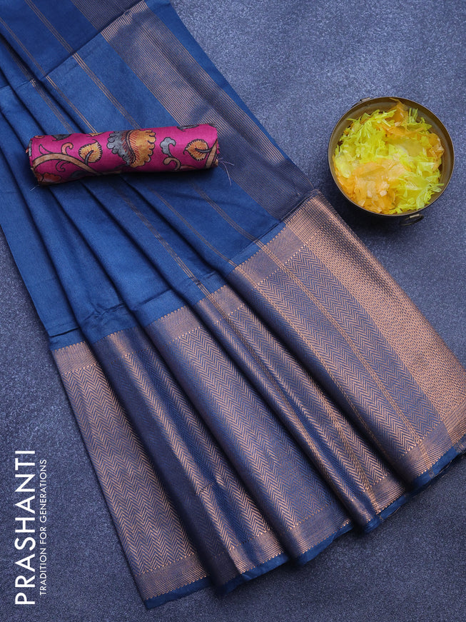 Semi tussar saree peacock blue and pink with plain body and long copper zari woven border & kalamkari printed blouse