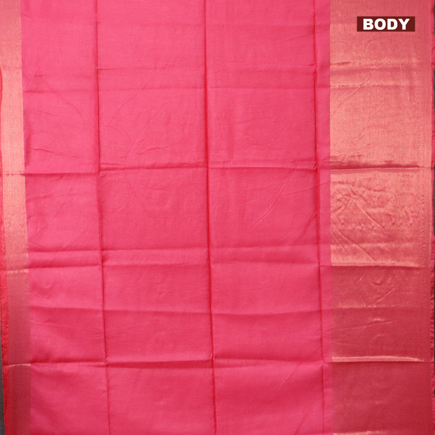 Semi tussar saree pink and royal blue with plain body and long copper zari woven border & kalamkari printed blouse