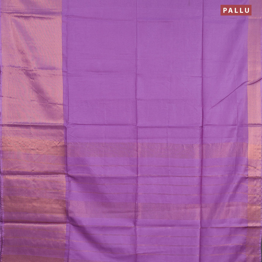 Semi tussar saree lavender shade and green with plain body and long copper zari woven border & kalamkari printed blouse