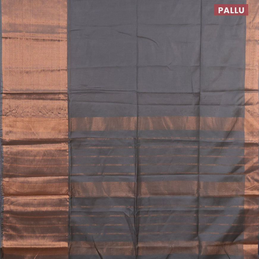 Semi tussar saree grey shade and royal blue with plain body and long copper zari woven border & kalamkari printed blouse