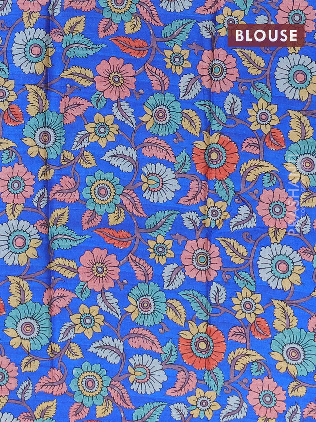 Semi tussar saree grey shade and royal blue with plain body and long copper zari woven border & kalamkari printed blouse