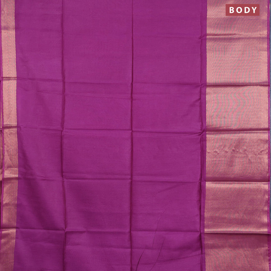 Semi tussar saree magenta pink and teal blue with plain body and long copper zari woven border & kalamkari printed blouse